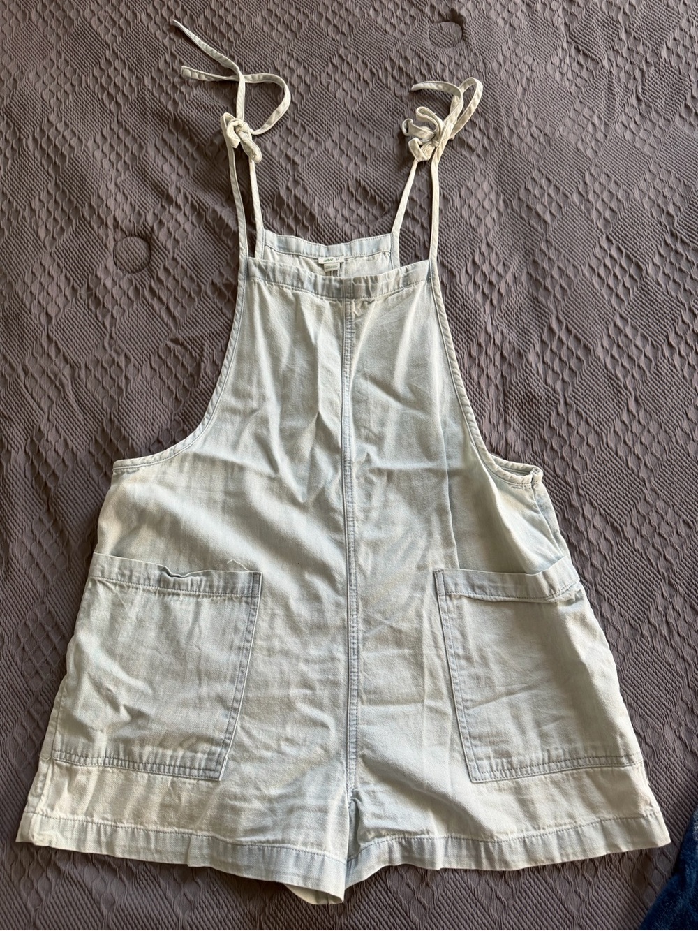 aerie Light Blue Denim Tie-Shoulder Short Overalls
